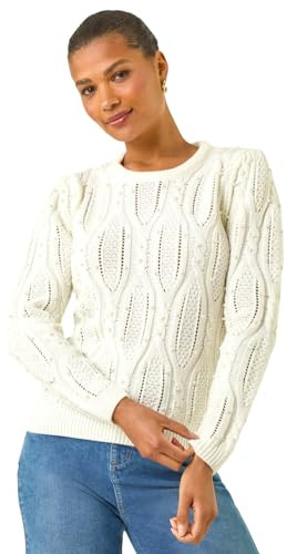 Roman Originals Pearl Cable Knit Jumper for Women UK - Ladies Everyday Autumn Winter Crew Neckline Comfy Soft Evening Vacation Work Party Night Out - Ivory - Size 16