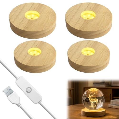 Golgner 4 Stück Holz Led Lichtsockel, Holz Leuchtsockel, USB Leuchtsockel für Acrylglas, Led Holzsockel, Runde 10CM/8CM mit Schalter, für Display Kristall Glas Acryl Harz Schmuck (Warmes Licht)
