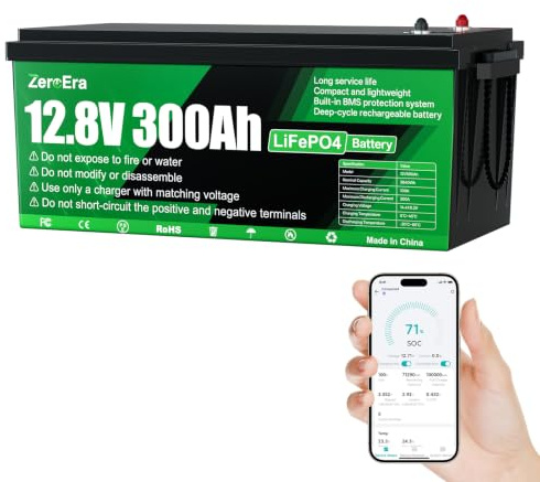 ZeroEra LiFePO4 Batterie 12V 300Ah, 3840Wh Lithium Batterie mit Temperaturschutz von 200A BMS, 15000+ Deep Cycle, Unterstützt Serien/Parallelschaltung für Haushaltsspeicher,1 Stück