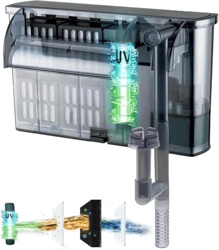 Tararium Hang-on-Back Aquarium Filter for 150-400L with 1000L/H Flow and 5W UV Lamp plus Multi-Stage Filtration with Skimmer and Adjustable Flow and Extendable Intake for Fresh & Saltwater