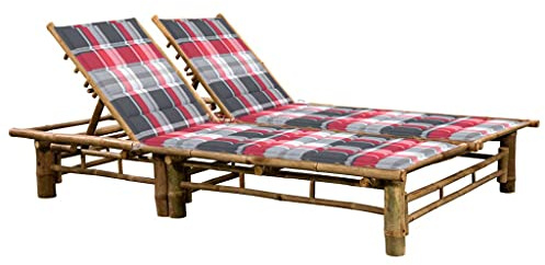 HFXHIJXQ Chaise Longue 2 Personnes en Bambou Naturel, Lit de Soleil Double Réglable avec 2 Coussins à Carreaux Rouges, Transat de Jardin pour Terrasse et Balcon, 200x130 cm