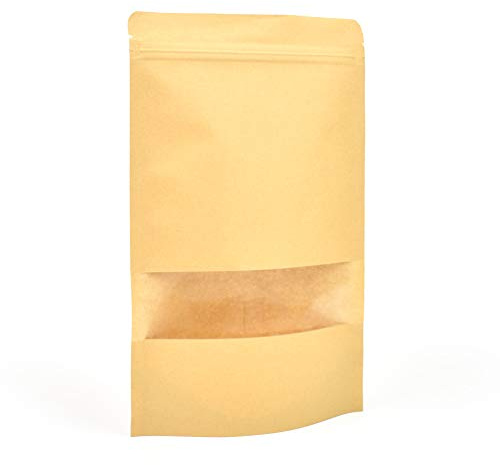 Evergreen Goods Brown Kraft Paper Pouch Bags 180x260 mm | 50pcs ZipLock | Heat Resealable, Reusable, Self-Standing, Sealable Window Bags | Perfect for Tea, Coffee Beans, Seeds, Nuts & Dried Fruits