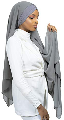 Lamis Hijab - Fertiger Hijab Schal Kopftuch zum Überziehen, gekreuzt, mit integriertem Bonnet-Untertuch, für muslimische Damen, islamischer Schal Gr. Einheitsgröße, dunkelgrau