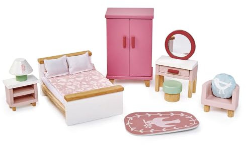 Tender Leaf Toys Dolls House Bedroom Furniture - Wooden Bedroom Furniture with Bed, Wardrobe, Dressing Table, Side Table and Chair for Dolls 10-12cm Tall