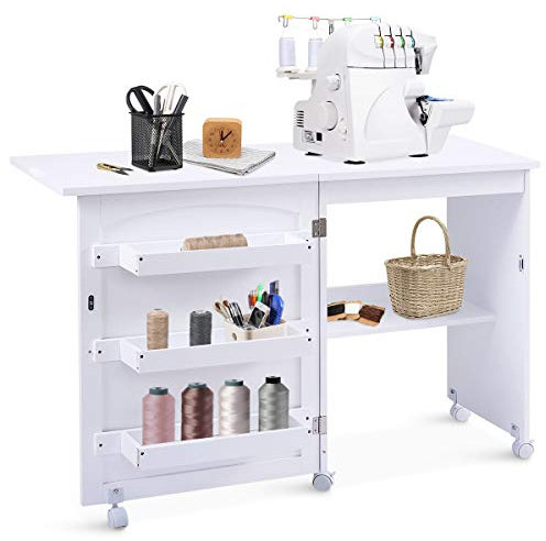 GOPLUS Meuble Couture Pliante,Table Couture avec 3 Étagères et 1 Plateau Machine à Coudre,2 en 1 Bureau Pliable avec 4 Roues, Bois Armoire Peu Encombrante pour Retoucherie,Salon,117x40x74CM,Blanc