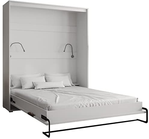 KRYSPOL Bett im Schrank Home, Vertikal, Schlafzimmer, Jugenzimmer, Modern Design (Weiß matt + Artisan Eiche, 160 x 200 cm)