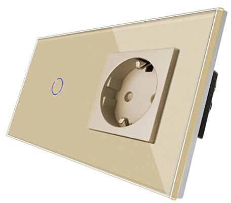 CNBINGO Dimmschalter mit Schuko Steckdose unterputz - Dimmer Schalter für LED-Leuchten - Touch Lichtschalter einfach in Gold - Wandschalter mit Glasrahmen und Status-LED