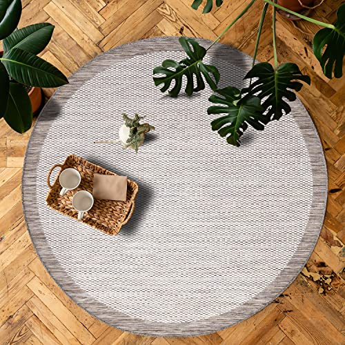 payé Outdoor Teppich Rund - 200x200cm - Wetterfest - Beige Weiß - Bordüre - Teppiche für Terrasse Balkon Garten Indoor
