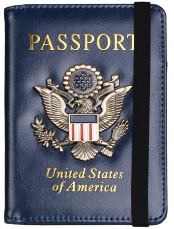 TOURSUIT RFID Blocking Passport Holder for Women Men, Leather Passport Travel Wallet with 3D Metal Badge, Travel Document Holder Cover Accessories (Dark Blue)