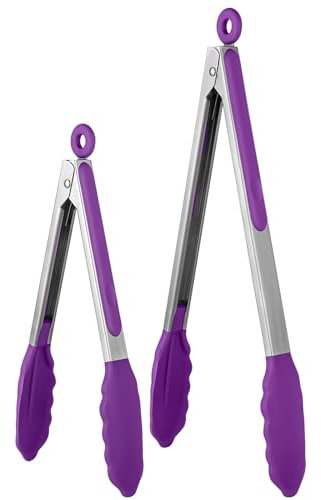 U-Taste 315℃ Ensemble de pinces de cuisson résistantes à la chaleur avec embouts en caoutchouc antiadhésif fermement scellés et poignée en acier inoxydable revêtue de silicone (23/30 cm, Violet)