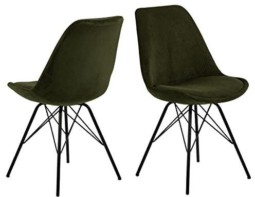 AC Design Furniture Emanuel Cord-Esszimmerstuhl mit Rückenlehne 2er Set, Gepolsterter Esszimmerstuhl, Organische Form, Olivgrün, Gepolsterter Stoffsitz mit Schwarzen Metallbeinen