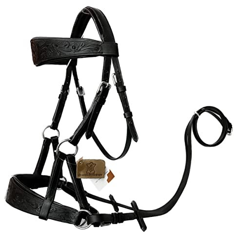 AMAZING HORSE STUFF Sidepull Trensenzaum ohne Gebiss mit Designer-Handschnitzerei auf Augenbrauen und Nasenriemen, oval, Schwarz (Cob)
