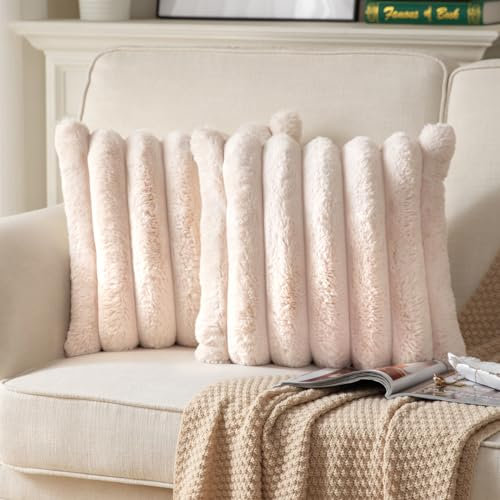 Joyouth Kunstpelz Plüsch Kissenbezüge 2er Set - Luxuriöser dekorativer flauschig gestreifter weicher gemütlicher Kissenbezug für Couch, Sofa, Wohnzimmer 40x40 Beige