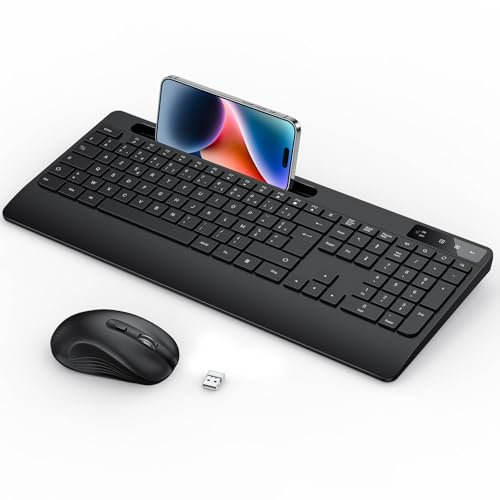 Clavier Souris sans Fil 2.4G OMOTON, Clavier AZERTY Souris Silencieuse à 3 DPI, Ergonomique avec Repose-Poignet/Support pour Phone, 18 Touches Fonction, pour Windows/PC, Noir