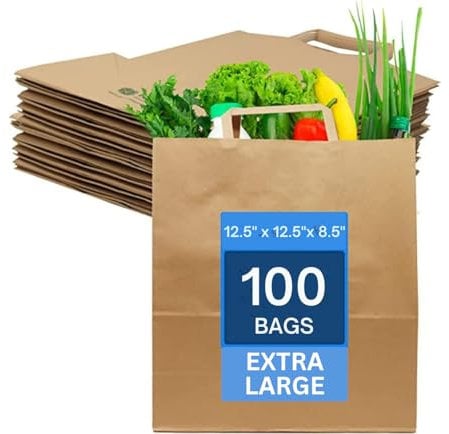 Paper Bags with Handles - 100 Extra Large Paper Bags (32 x 32 x 21 cm) - Kraft Bags - Perfect for Lunch, Party, Gift, Storage, Packaging, Grocery Takeaway, Sandwich