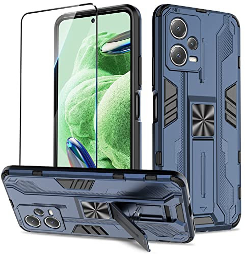 Btstring Funda para Xiaomi Redmi Note 12 5G / Poco X5 5G con Cristal Templado Protector Pantalla, Carcasa Protectora Antigolpes con Soporte Reforzado- Azul