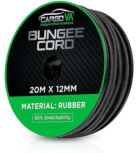 CARGO VA Intelligent Vehicle Accessories Corde en Caoutchouc 12 mm 20 m Noir - Corde Extensible 70%, Corde de Serrage Résistante aux Intempéries pour Remorque, Voile D'ombrage, Bâche, etc