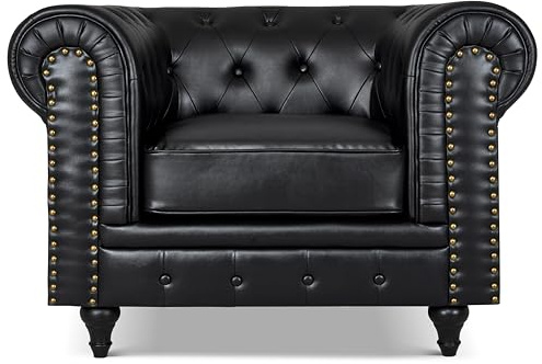Bravich Chesterfield Armchair, Black Faux Leather Accent Chair with Scroll Arms and Button Studded Back, Solid Wood Frame Living Room Chair - 110x90x78cm
