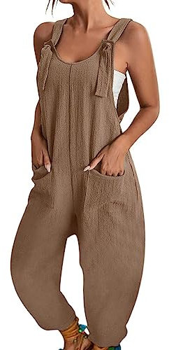 BRONG Salopette da Donna Tuta con Tasca Casual Sciolti Estate Pagliaccetto Senza Maniche con Le Spalline Salopette Regolabile Pantaloni con Pettorina Marrone XL