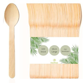 DeinPack 100 cucharas de madera de abedul de 16 cm, biodegradables, cubiertos sostenibles, cubiertos desechables, cubiertos de madera
