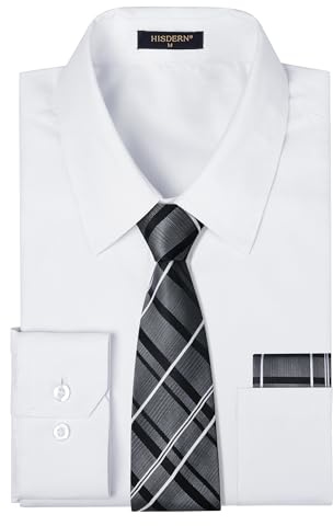 HISDERN Mens White Dress Shirt with Tie Black Pocket Square Set Classic Button Down Formal Business Long Sleeve Shirts L