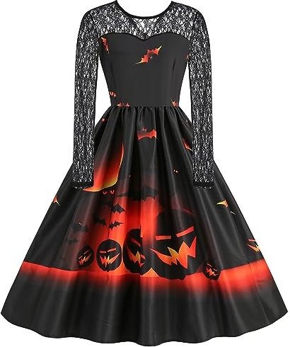 Halloween Kostüm Damen, Vintage Retro A-Linie Elegant Lange Ärmel Kürbis Printed Skater Kleider Halloween Kostüm Cocktailkleid Party Kleid