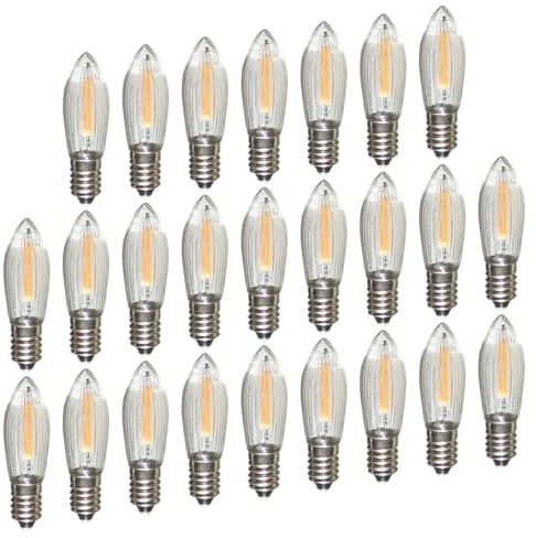 Erzgebirgslicht - AUSWAHL - 25 Stück LED Filament Topkerze 23 V 0,2 W für INNEN, für 10 Brennstellen E10 Riffelkerze Ersatzbirne Glühbirne Glühlämpchen für Lichterketten Pyramide Schwibbogen
