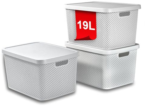 astor24 PREMIUM 3er XXL Set Aufbewahrungsbox Korb mit Deckel Organizer Ideal für Büro, Kleiderschrank, Schrank, Küche & Haushalt (Weiß, 3er Set 19 Liter)