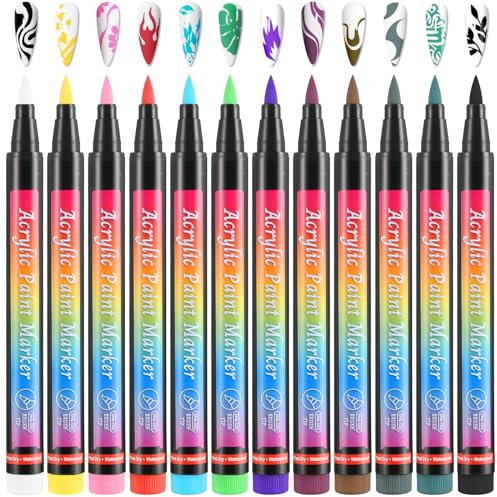 Amaxiu 12 Colors Nail Art Pens Set, Waterproof Nail Polish Pens Quick Dry Acrylic Nail Art Painting Pen with Soft Bristles Pen Nib Nail Graffiti Dotting Drawing Pen Liner Brush for Nail Design Beauty
