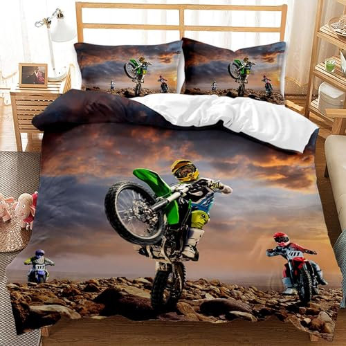 LXTOPN Motocross Bettwäsche 200x200cm, Extremsport-Thema Bettwäsche für Erwachsene,Bettwäsche für Motorrad aus Mikrofaser(Motorrad grün, 200 x 200 cm)