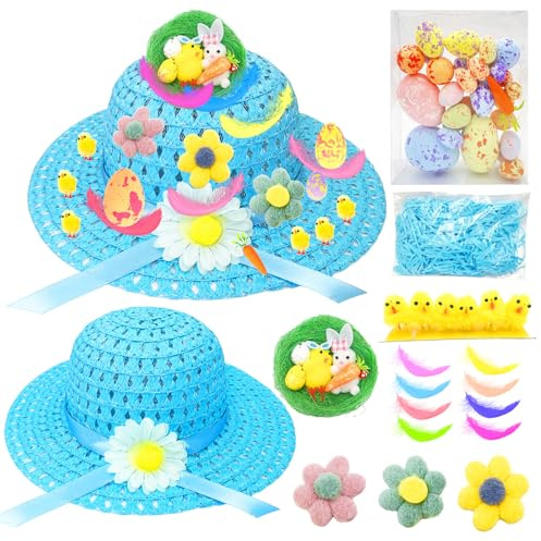 Easter Bonnet Kit,Make Your Own Easter Bonnet Hat,Easter Craft for Children,Easter Party Favors Supplies,Easter Hat Decoration Set Egg Bunny Rabbit Chick Handmade DIY Easter Gifts for Boys Girls Kids