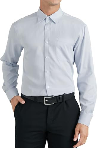 HISDERN Mens Shirts Long Sleeve Formal Light Grey Dress Shirt for Men Adult Smart Casual Regular Fit Easy Iron Business with Pocket XL