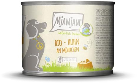 MjAMjAM – Premium Nassfutter für Hunde - natürlich lecker – Bio Huhn an Möhrchen,1er Pack (1 x 200g), getreidefrei mit extra viel Fleisch