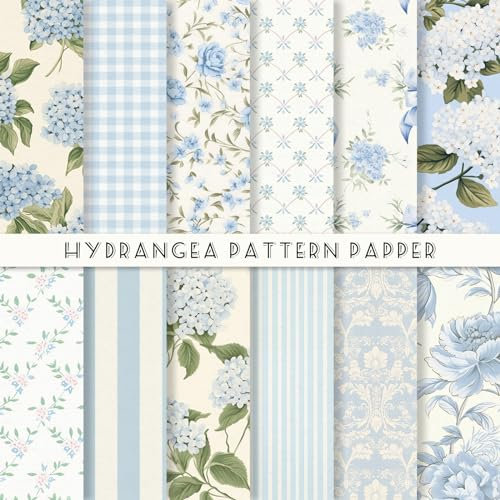 JarThenaAMCS 24 Sheet Light Blue Hydrangea Pattern Paper Floral Scrapbook Specialty Paper Double Sided Craft Decoration for DIY Card Making Photo Album, 11.8 x 11.8 Inch