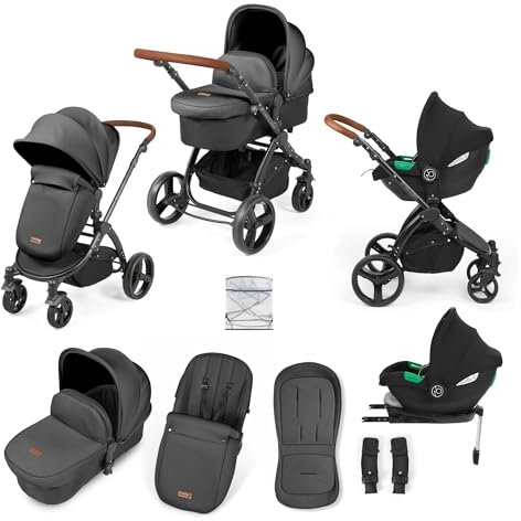Ickle Bubba Stomp Urban Travel System with i-Size Cirrus Car Seat & ISOFIX Base – Birth to 22kgs (Approx. 4 Years), Lightweight Pram, Carrycot & Seat Unit, Compact Fold & Accessories (Charcoal Grey)
