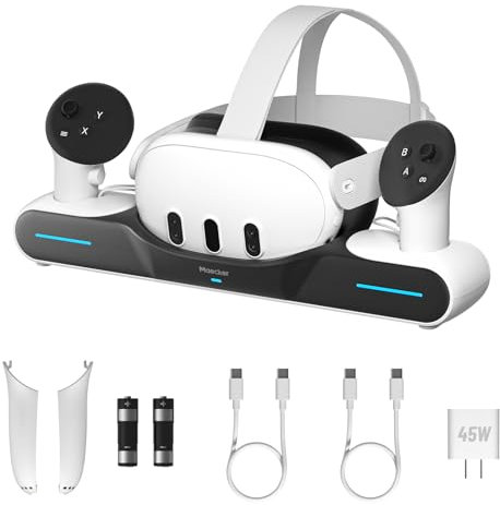 Maecker Station de Charge Rapide pour Quest 3 Accessoires Chargeur pour Quest 3 Station de Charge Drop-in Casque Contrôleurs Stand avec 2 Batteries Rechargeables