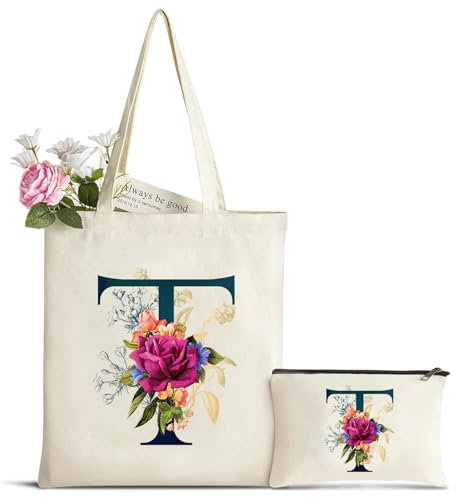 Personalizadas Inicial Bolsa de Lona, Bolso Tote de Mujer con Inicial y Flores, Bolsa de Compras con Bolso de Cosméticos, Regalos para Damas Amigas Mamá, Regalo de Cumpleaños Boda Navidad T