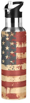 Niigeu Strisce Di Bandiera Americana Vintage Bottiglia Acqua Acciaio Inox, Isolato Borraccia Termica Senza BPA per Bevande Calde e Fredde per Bambini Sport Ciclismo Scuola (600ml/1L)