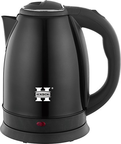 Herzberg HG5011-BK, bollitore elettrico 1.8L INOX senza fili nero, potenza 1500W, base 360°, spegnimento automatico, livello di riempimento esterno, filtro a particolato, indicatore di accensione
