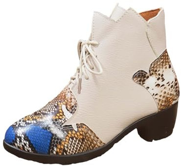 Stivali lunghi per le donne polpaccio largo donna moda stampa colorblocking stivali corti donna tacco grosso stivali abbigliamento in pelle, Beige, 40 EU