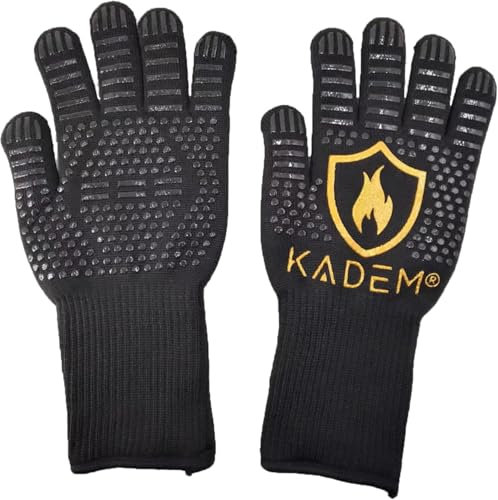 Kadem Unisex Ofenhandschuhe Grillhandschuhe Hitzebeständig bis 800 °C | feuerfest rutschfest | Hitzeschutz | Gold L/XL