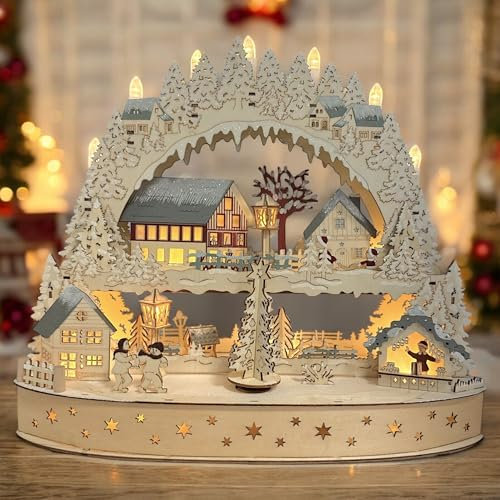 Wichtelstube-Kollektion XXL LED Schwibbogen Weihnachtsdorf, Lichterbogen mit Podest mehrere Ebenen und Bewegung Schwippbogen mit drehenden Weihnachtsbaum Echtholz