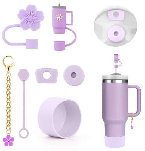 7PCS Tumbler Accessories for Stanley Cup, Includes 3 Straw Covers, 2 Leak Proof Silicone Stoppers, 1 Flower Cup Charm, and 1 Silicone Sleeve for Stanley 30oz 40oz. (Light Purple)