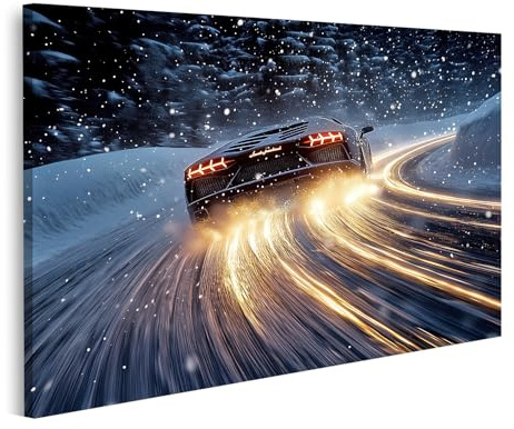 islandburner Bild auf Leinwand Lamborghini im Schneesturm bei Nacht Bilder Wandbilder Poster