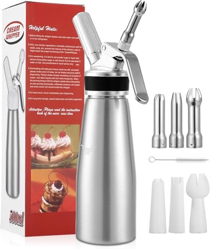 500ml Sifone Panna Montata, Sifone da Cucina in Alluminio, 3 Ugelli in Acciaio Inossidabile, 3 Ugelli in Plastica, 1 Spazzola da Pulizza, per Decorare Torte di Compleanno, Mousse, Dessert e Gelato