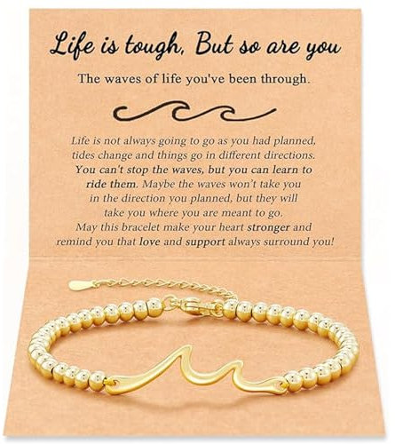 BelleVive Inspiring Gifts for Women, Gold Bracelet with Card, Through the Waves of Life, Life is Tough but So Are You, Encouragement Bracelet, Get Well Soon, Gifts for Friends
