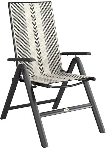 Outsunny Folding Rattan Garden Chair, 5-Position Reclining Garden Dining Chair, High Back PE Wicker Outdoor Recliner with Armrest and Steel Frame for Patio, Terrace, Balcony, Grey