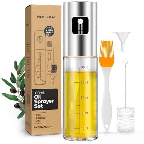 PORTENTUM Pulvérisateur d’Huile 100 ml en Inox, Huile Spray Cuisine et Friteuse à Air, Huilier en Verre avec Accessoires Antigoutte