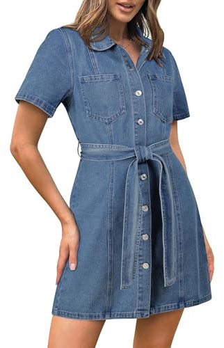 Fengbay Denim Dresses for Women UK, Ladies Short Sleeve Button Down Casual Denim Shirt Dresses with Pocket Light Blue