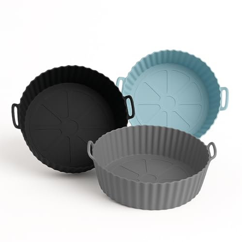VAZCAN® Molde Silicona Freidora de Aire Redondo – Accesorio Reutilizable para Air Fryer Compatible con Cecotec, Cosori, Philips – 20 cm – Apto Microondas, Horno y Lavavajillas (Negro, Gris y Azul)